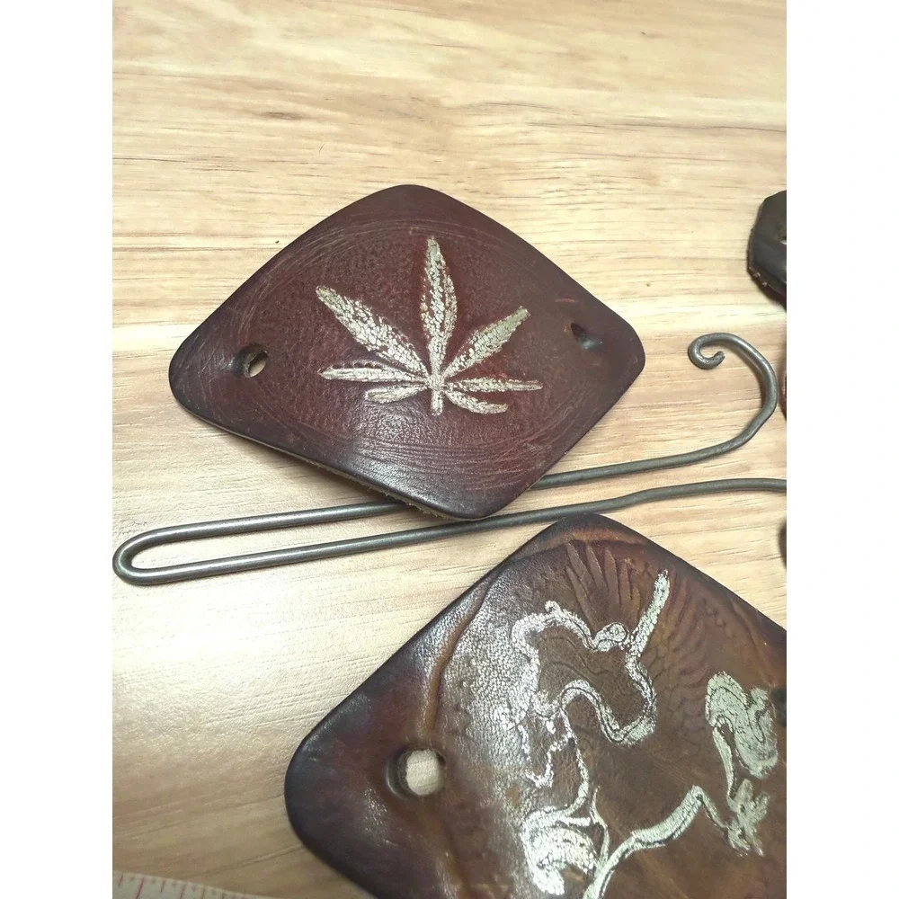 Vintage Leather Hair Slide Barrette Set Fringe Boho 4pc Brown
